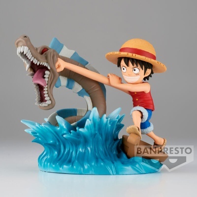Figura em PVC de personagem com chapéu de palha e criatura marinha em base azul
