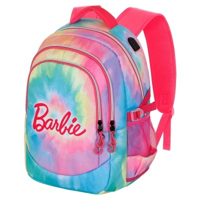 mochila colorida tie-dye com texto Barbie vermelho
