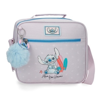 Mala tiracolo lilás com personagem Stitch e chaveiro azul de pelúcia