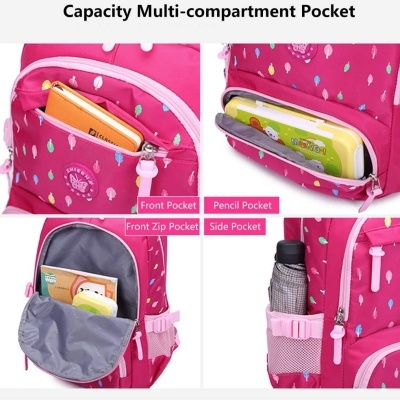 Mochila rosa multi-bolsos com padrão colorido e vários compartimentos