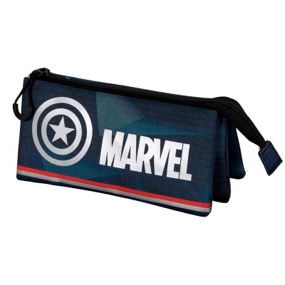 Estojo azul escuro com fecho de correr e logotipo MARVEL