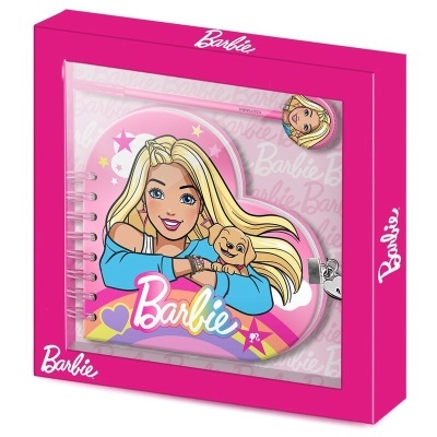 Caderno coração da Barbie com ilustração e embalagem rosa