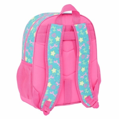 Mochila rosa e azul com padrão de estrelas, corações e coelhos