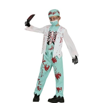 Fato de médico cirurgião para criança com manchas vermelhas e acessórios