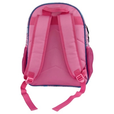 Mochila rosa com alças acolchoadas ajustáveis vista de trás
