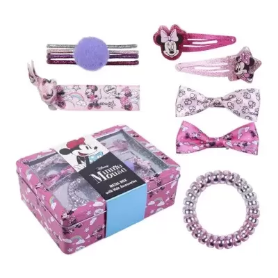 Conjunto de acessórios infantis da Minnie em rosa e lilás com caixa metálica