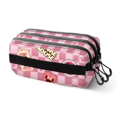 Estojo escolar rosa com estampa da Minnie Mouse e três zíperes pretos