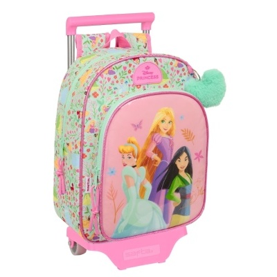 Mochila de rodas infantil rosa e verde com princesas Disney Cinderela, Rapunzel e Mulan