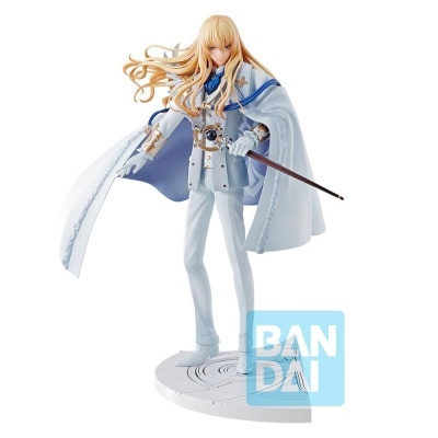 Figura colecionável de personagem anime de fato branco com capa azul clara e cabelo loiro