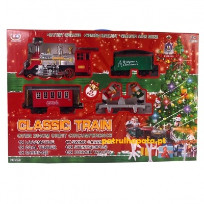Brinquedo trem clássico vermelho e verde em embalagem natalícia