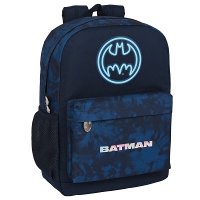 Mochila azul escura com logótipo do Batman e texto 'BATMAN' na parte frontal