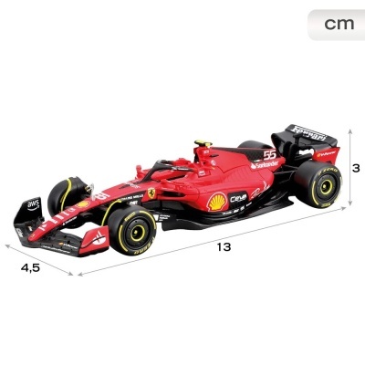 Modelo miniatura de carro de Fórmula 1 vermelho com etiquetas e dimensões em cm.