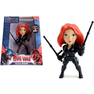 Figura Black Widow Marvel em metal com cabelo vermelho e fato preto na embalagem e fora dela.