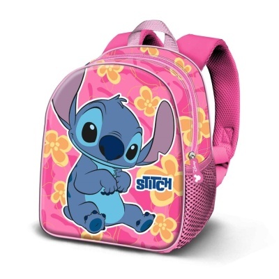 Mochila infantil rosa com personagem Stitch e flores amarelas