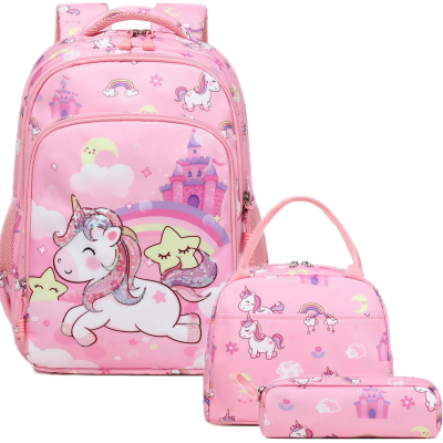 Mochila, saco e estojo cor-de-rosa com padrão de unicórnios e castelo