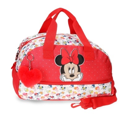 Mala infantil da Minnie com padrão floral e chaveiro de coração