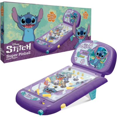 Pinball portátil Disney Stitch em plástico roxo com painel digital e caixa colorida