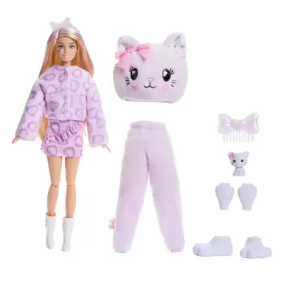 Boneca Barbie com roupas lilás e acessórios de gato em pelúcia e plástico