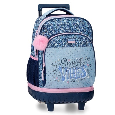 Mochila azul floral com texto Spring Vibes e pompom cor-de-rosa