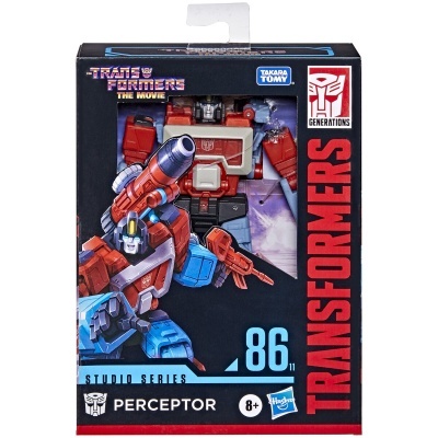Figura de ação Transformers Perceptor em embalagem preta, vermelha e azul