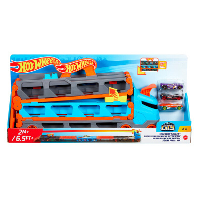 Brinquedo Hot Wheels Speedway Hauler com carrinhos em embalagem
