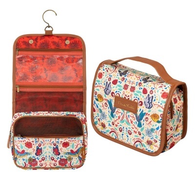 Bolsa de maquilhagem colorida com padrão floral e gancho metálico