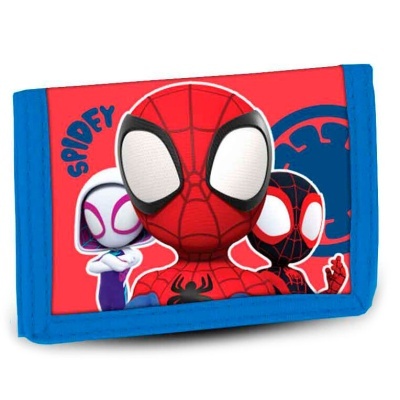 Carteira infantil Homem-Aranha vermelha e azul com personagens e texto SPIDEY