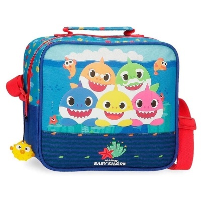 Mala térmica Baby Shark azul com tubarões coloridos e alça vermelha