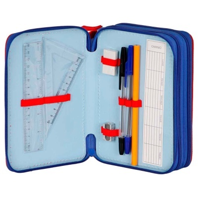 Estojo escolar azul aberto com material escolar dentro