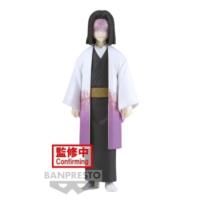 Figura colecionável de personagem em kimono preto e casaco branco com detalhes em roxo