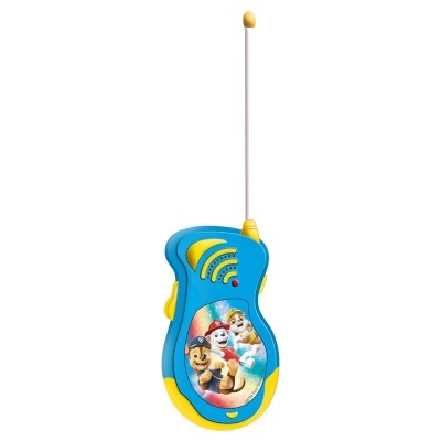 Comando de brinquedo azul e amarelo com antena e imagem da Patrulha Pata