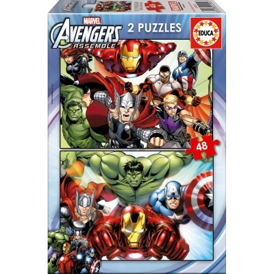 Caixa de puzzles Marvel Avengers Assemble com 2 puzzles de 48 peças cada, coloridos com personagens dos Avengers.