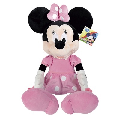 Pelúcia da Minnie Mouse com vestido cor-de-rosa e laço na cabeça, luvas brancas, pés grandes e rosa.
