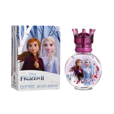 Frasco de Eau de Toilette Frozen II com tampa rosa e caixa com personagens Anna e Elsa