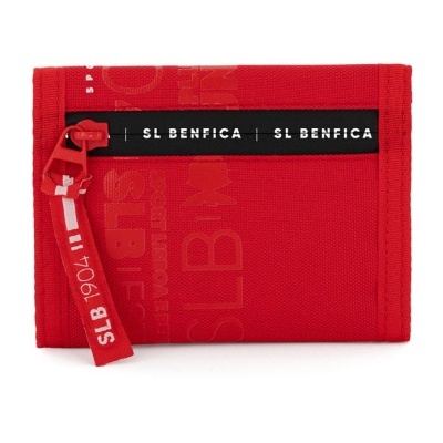 Carteira vermelha com fecho zip e detalhes com texto SL BENFICA