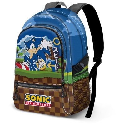 Mochila tem padrão quadriculado castanho com desenho do Sonic e texto em inglês e japonês