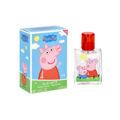 Frasco e embalagem de Eau de Toilette Peppa Pig azul com tampa vermelha