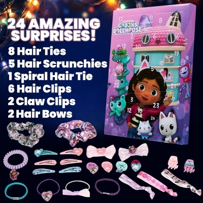 Caixa de advento roxa com acessórios de cabelo infantis coloridos