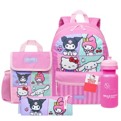 Conjunto escolar rosa com personagens Hello Kitty, My Melody e Cinnamoroll e texto HELLO KITTY