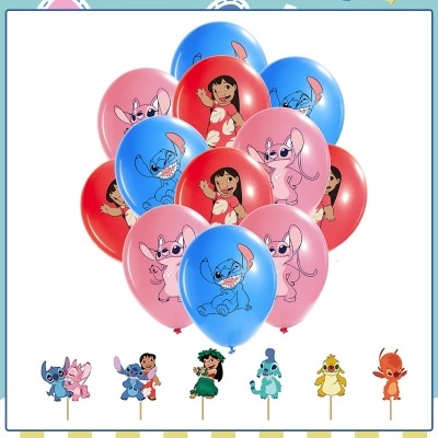 Balões azuis, vermelhos e rosas com personagens Lilo e Stitch estampados