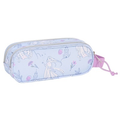 estojo retangular azul claro com estampado de princesas e castelos