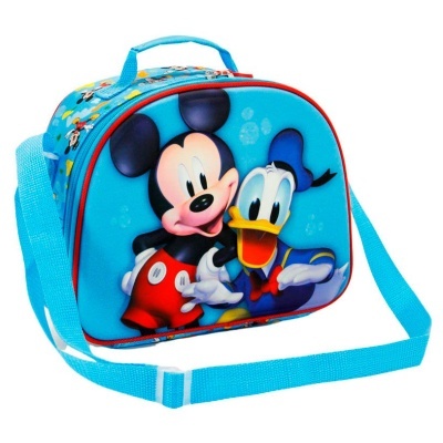 Mala de ombro azul com Mickey Mouse e Pato Donald em relevo