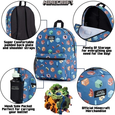 Mochila azul Minecraft com padrão de blocos e personagens e bolsos funcionais