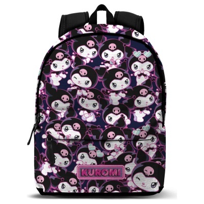 Mochila com padrão da personagem Kuromi em azul, preto, rosa e branco