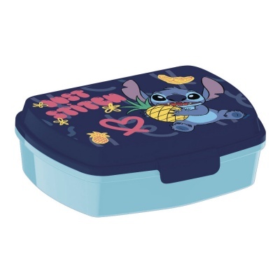 Caixa de lanche azul com tampa decorada com Stitch e abacaxis