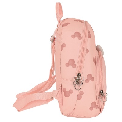 Mochila cor-de-rosa com padrão e fechos da cabeça do Mickey
