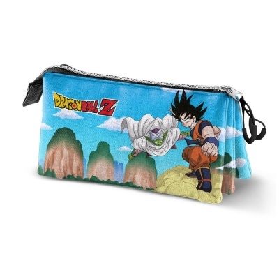 Estojo escolar Dragon Ball Z com personagem a lutar em cenário de montanhas.