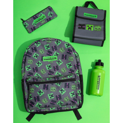 Conjunto escolar Minecraft com mochila, estojo, lancheira e garrafa verde num fundo verde