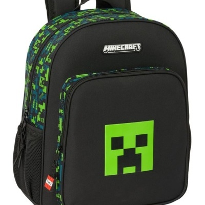 Mochila preta com padrão pixelado verde e azul e rosto pixelado verde e preto da Minecraft