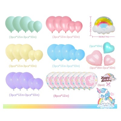 Conjunto colorido de balões de festa com unicórnio e arco-íris